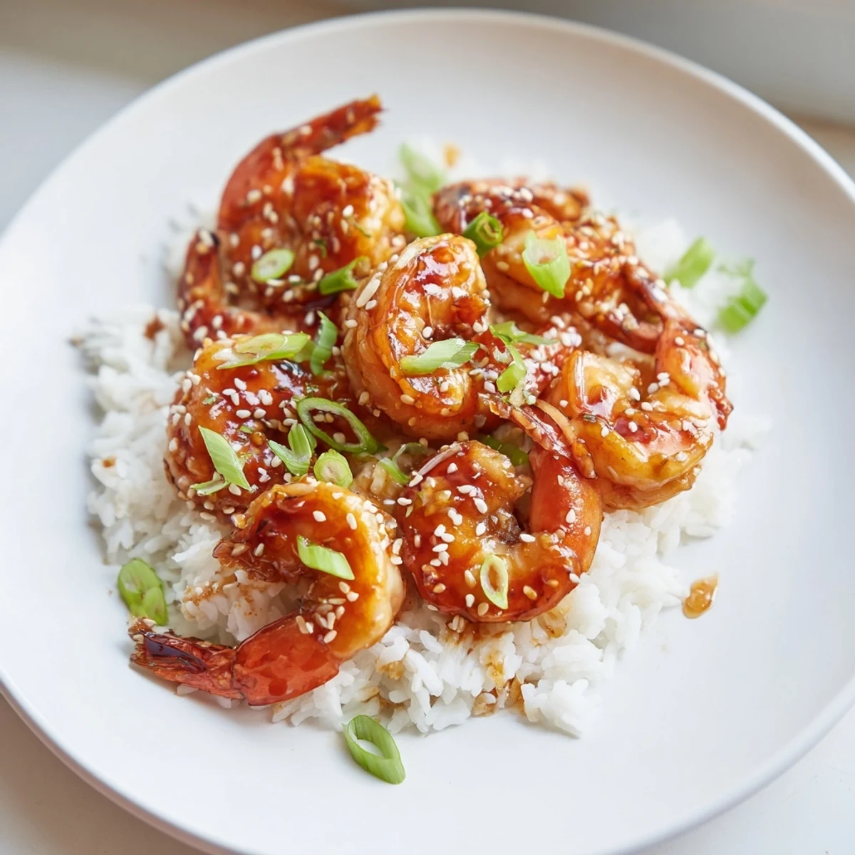 Close-up of golden Honey Garlic Shrimp, showcasing the sweet sauce on juicy cooked shellfish.