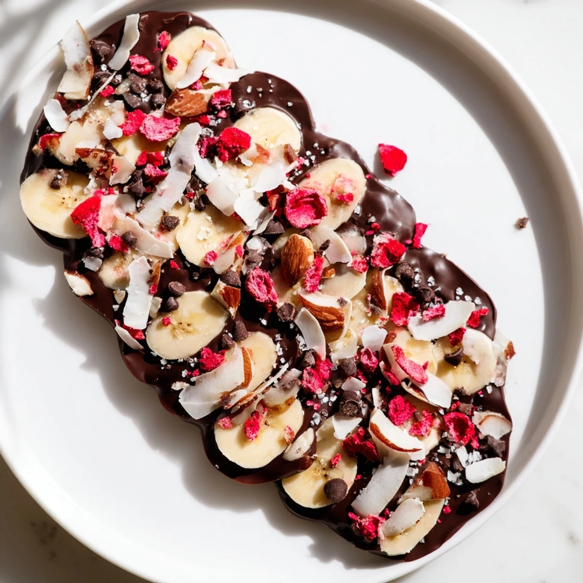 Frozen and refreshing, the Chocolate Banana Bark is studded with almonds and coconut flakes.