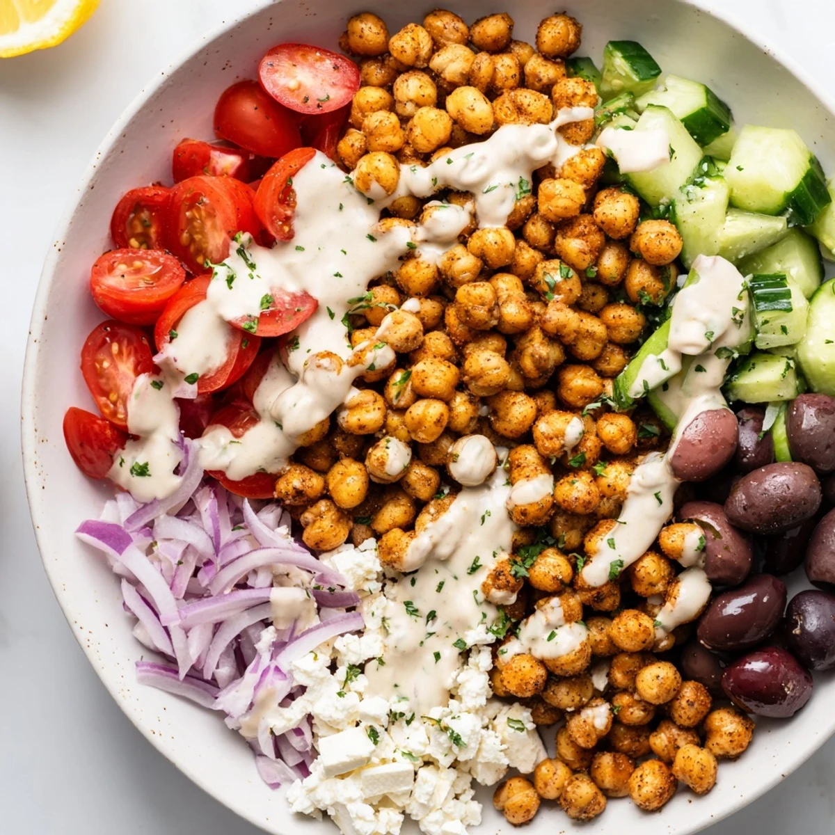 A layered Mediterranean Chickpea Bowl showcases golden chickpeas alongside fresh, chopped vegetables and drizzle.