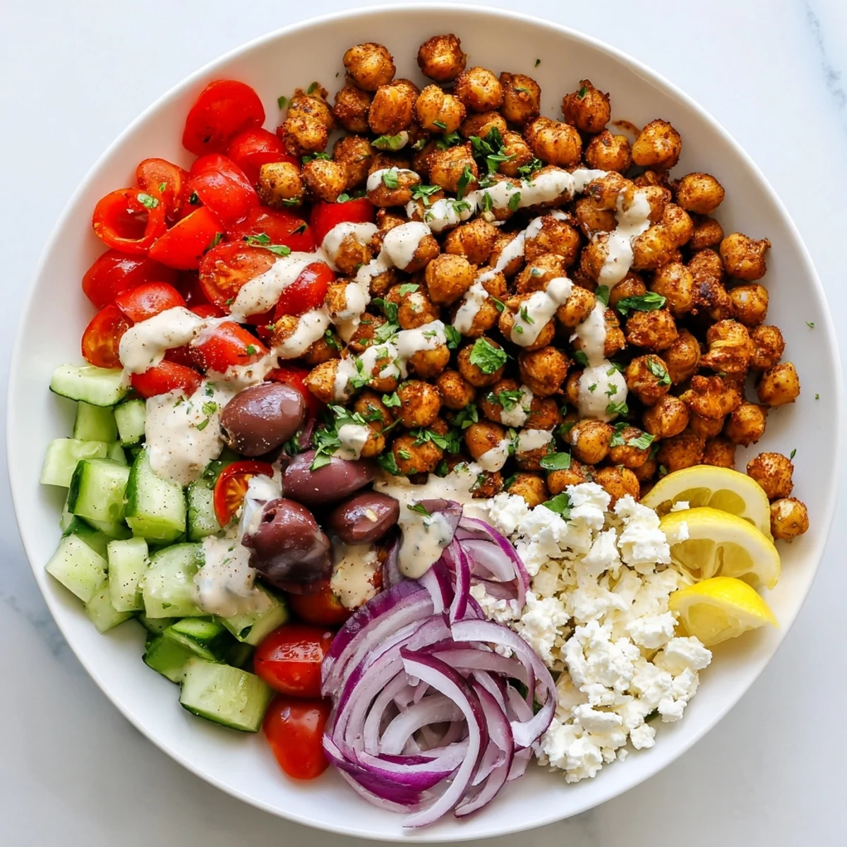 Vibrant Mediterranean Chickpea Bowl, featuring roasted chickpeas, colorful vegetables, and creamy tahini dressing.