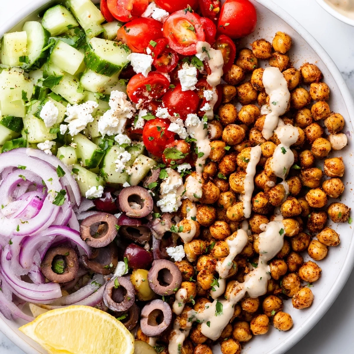 This satisfying Mediterranean Chickpea Bowl includes crispy chickpeas, perfect for a flavorful vegetarian lunch.