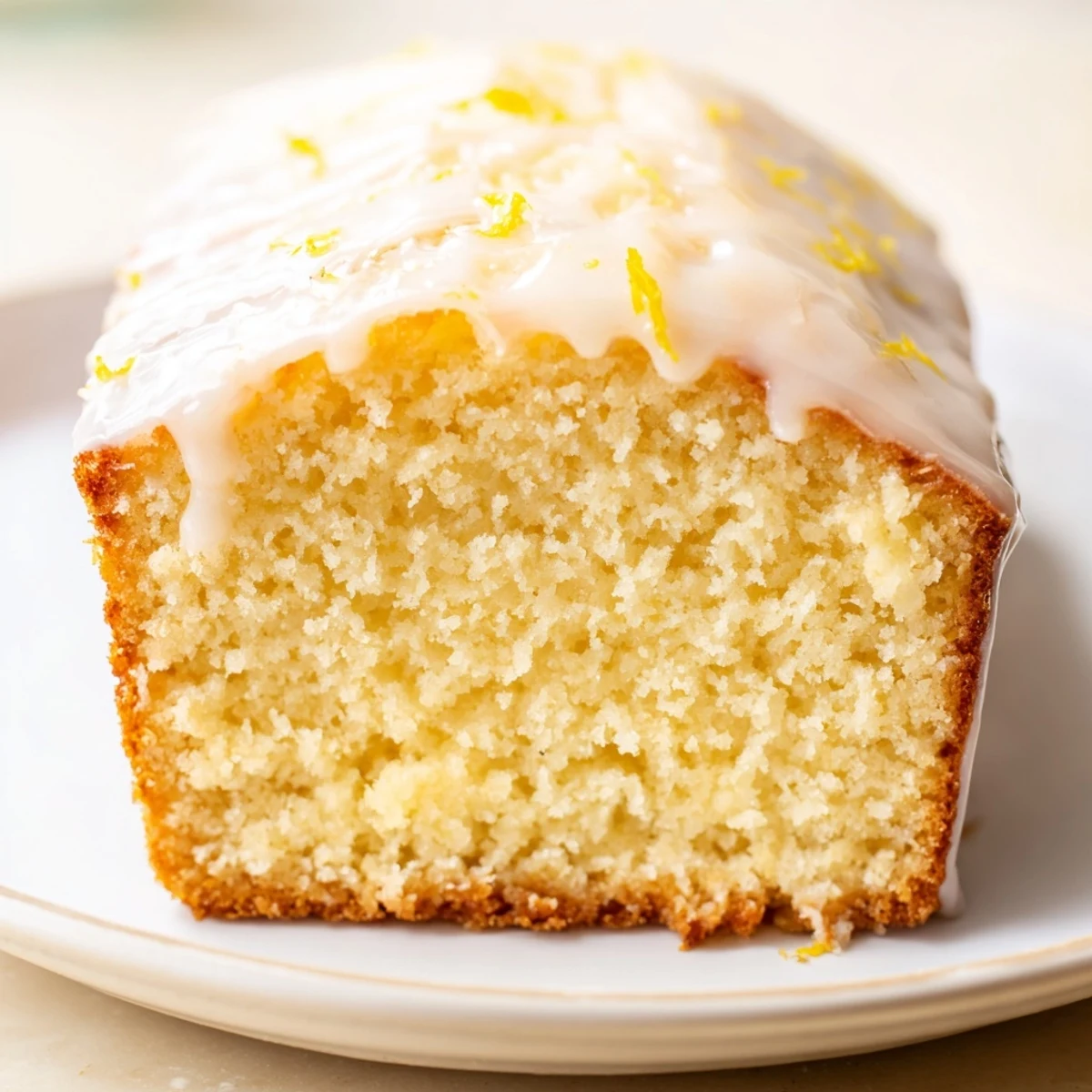A close-up of a golden Lemon Yogurt Cake, drizzled with sweet lemon glaze, ready to enjoy.