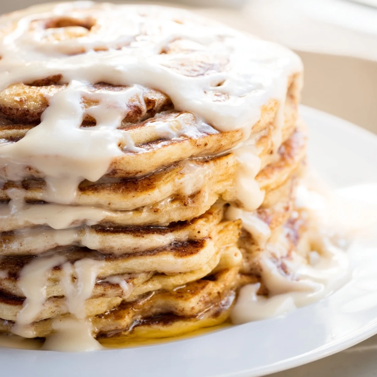 Homemade Cinnamon Roll Pancakes with swirls of cinnamon, perfect for a cozy weekend breakfast treat.
