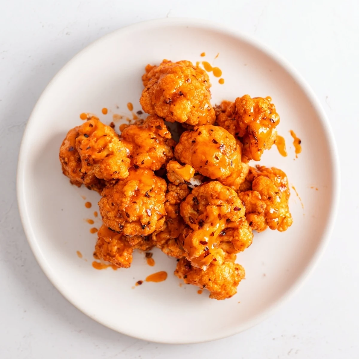Golden, crispy Buffalo Cauliflower Bites, coated in spicy sauce, ready to be served with cooling ranch.