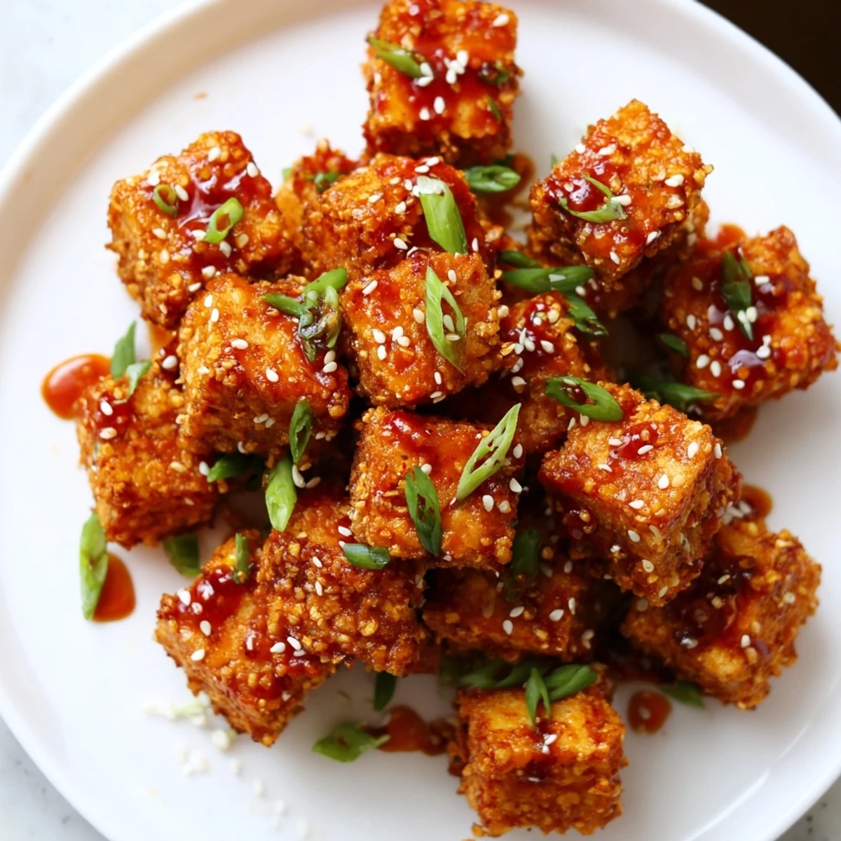 Crispy Honey Sriracha Tofu Nuggets glistening with glaze, ready to be enjoyed as a snack.