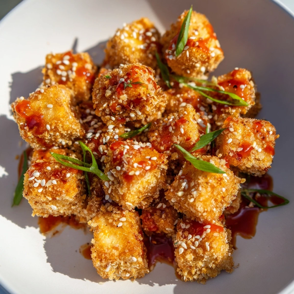 A beautiful close-up of Honey Sriracha Tofu Nuggets, served with sesame seeds and green onions.