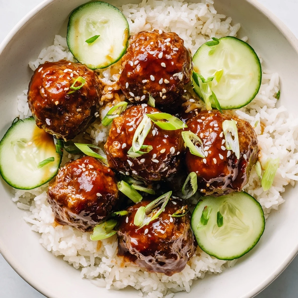 Delicious teriyaki meatball bowls with glistening sauce, fluffy rice, and cucumber slices for flavor.