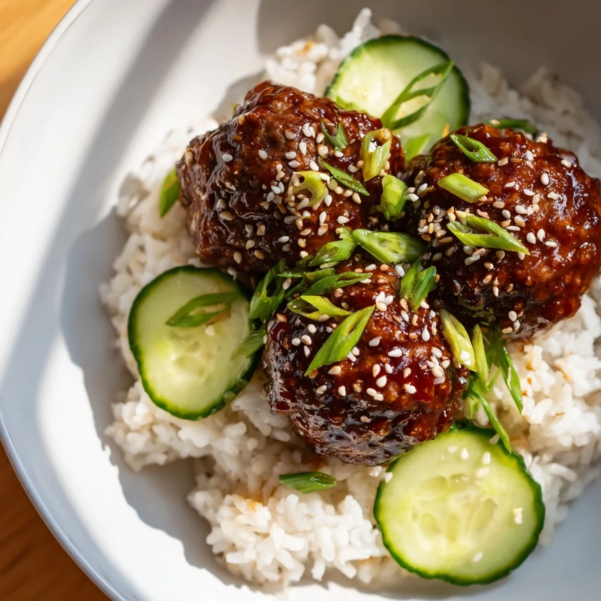 Savory teriyaki meatball bowls featuring tender meatballs coated in a sweet teriyaki glaze with fresh garnishes.