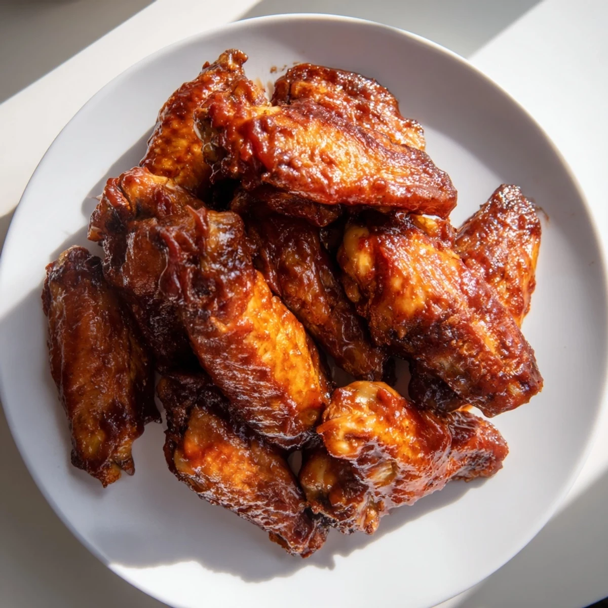 Close-up of crispy baked sticky honey BBQ wings, coated in a sweet and savory sauce, perfect for sharing.