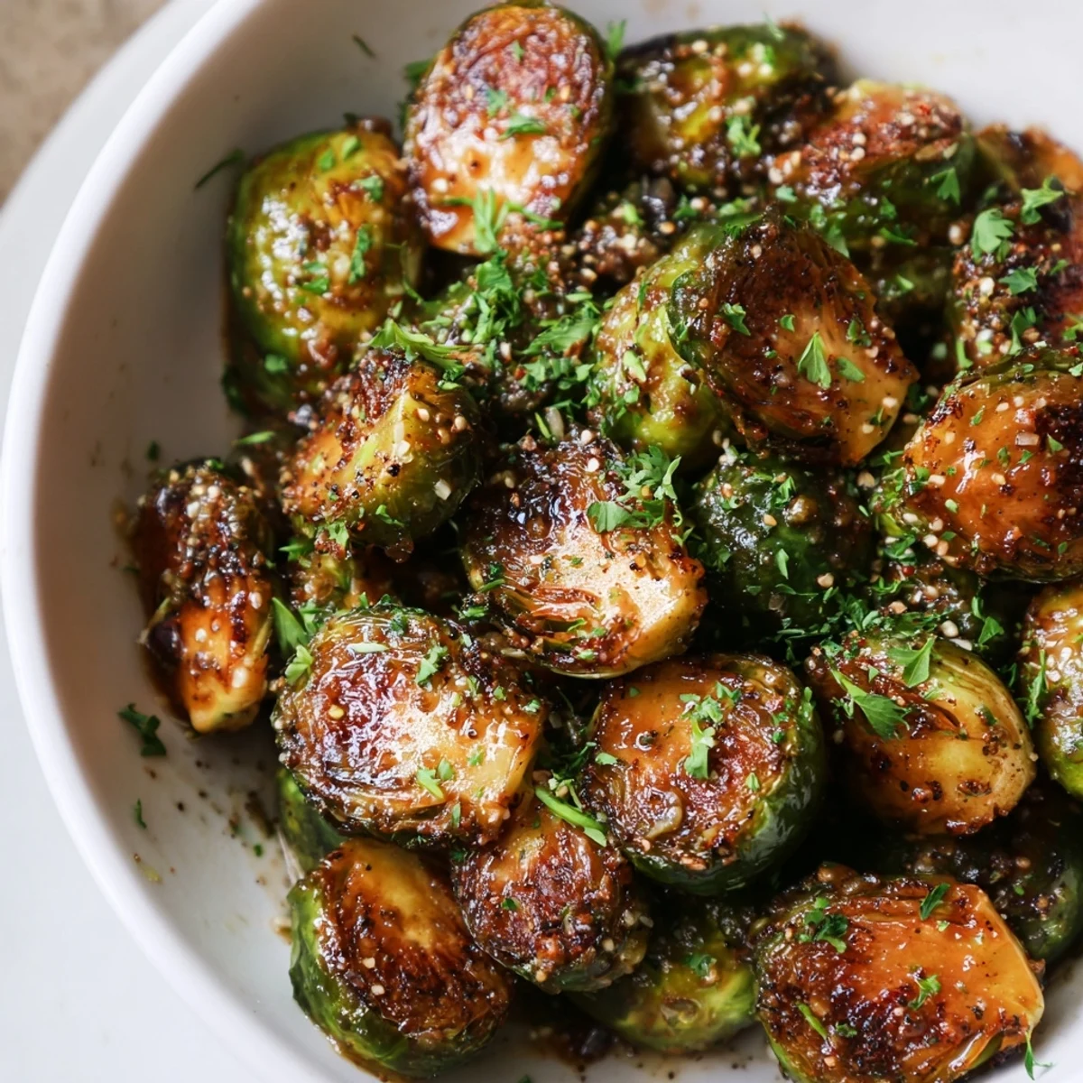 Delicious serving of honey mustard glazed Brussels sprouts, offering a blend of sweet and savory textures.