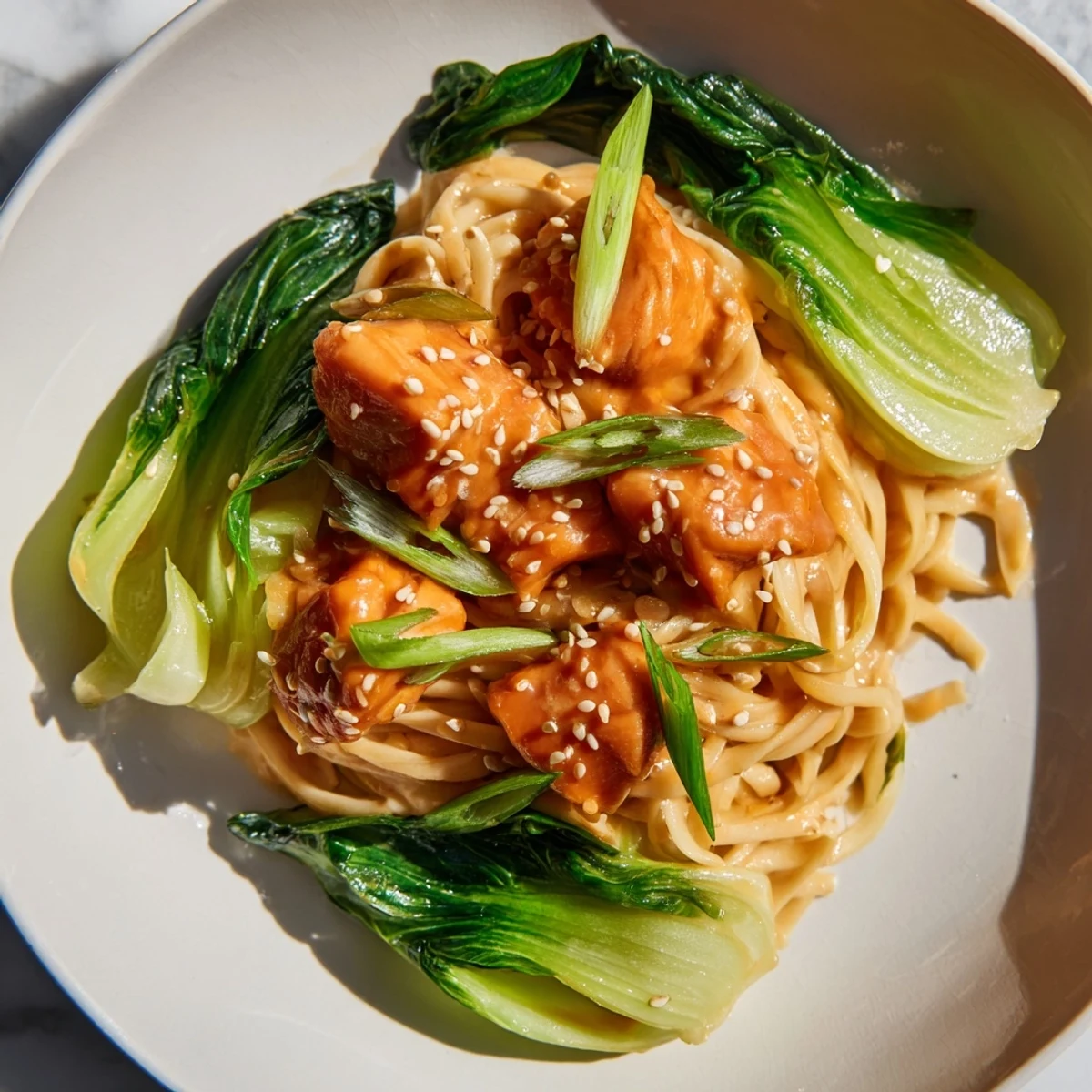 A close-up of delicious miso butter salmon pasta, showcasing the rich sauce and flaked salmon.