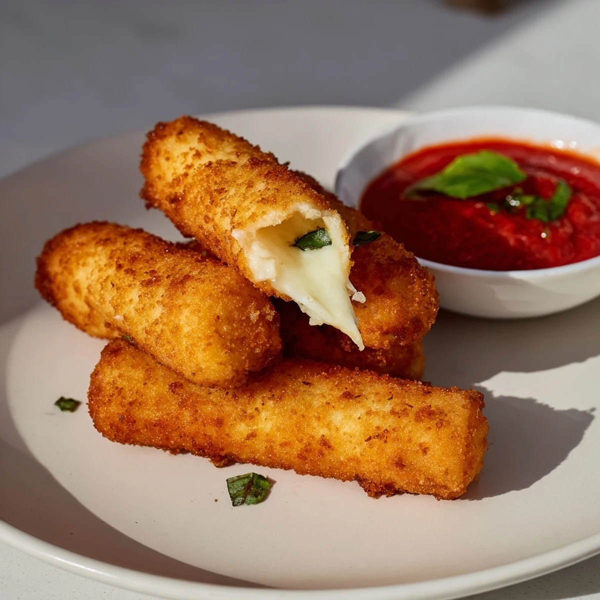 Crispy air fryer mozzarella sticks, a quick and easy appetizer ready in under 10 minutes.