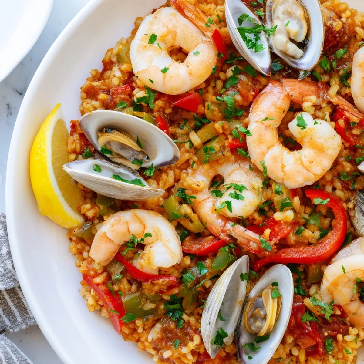 Steaming Spanish Seafood Paella with colorful bell peppers, rice, and fresh parsley garnished beautifully.