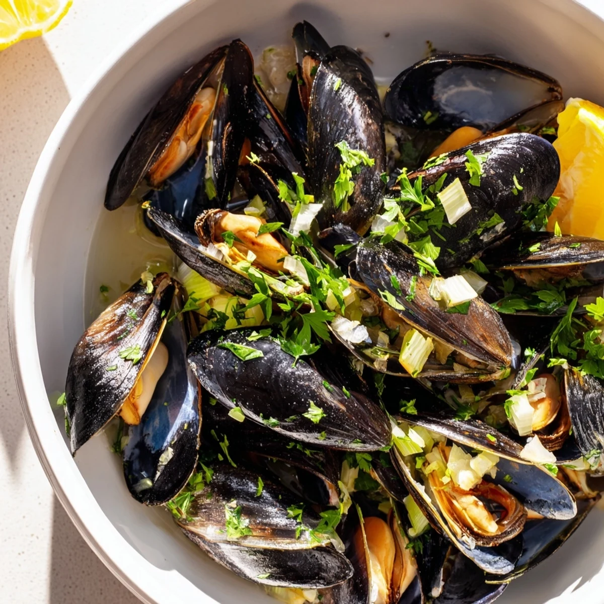 Enjoy a bowl of Belgian Moules Marinière, brimming with mussels, herbs, and a flavorful, rich sauce.
