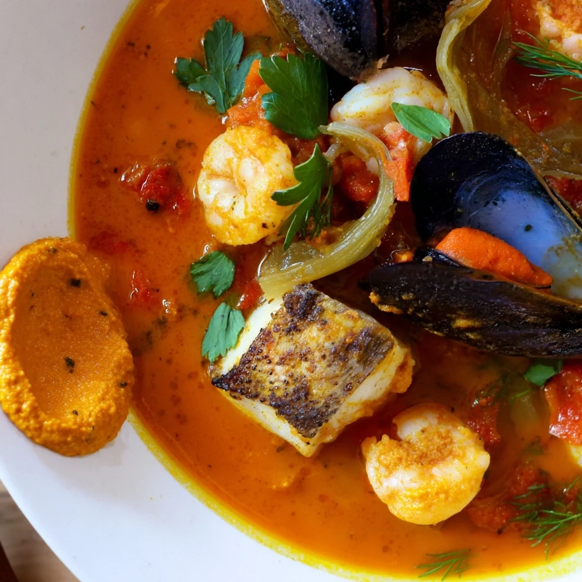 A flavorful bowl of Bouillabaisse, overflowing with seafood and a rich, golden broth.