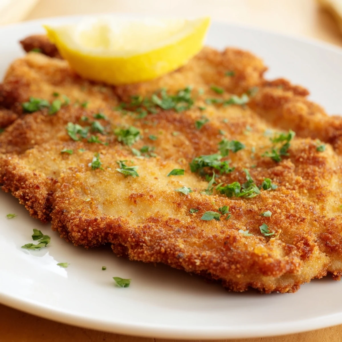 A close-up of a freshly cooked Austrian Wiener Schnitzel with a light, golden crust—a savory treat.