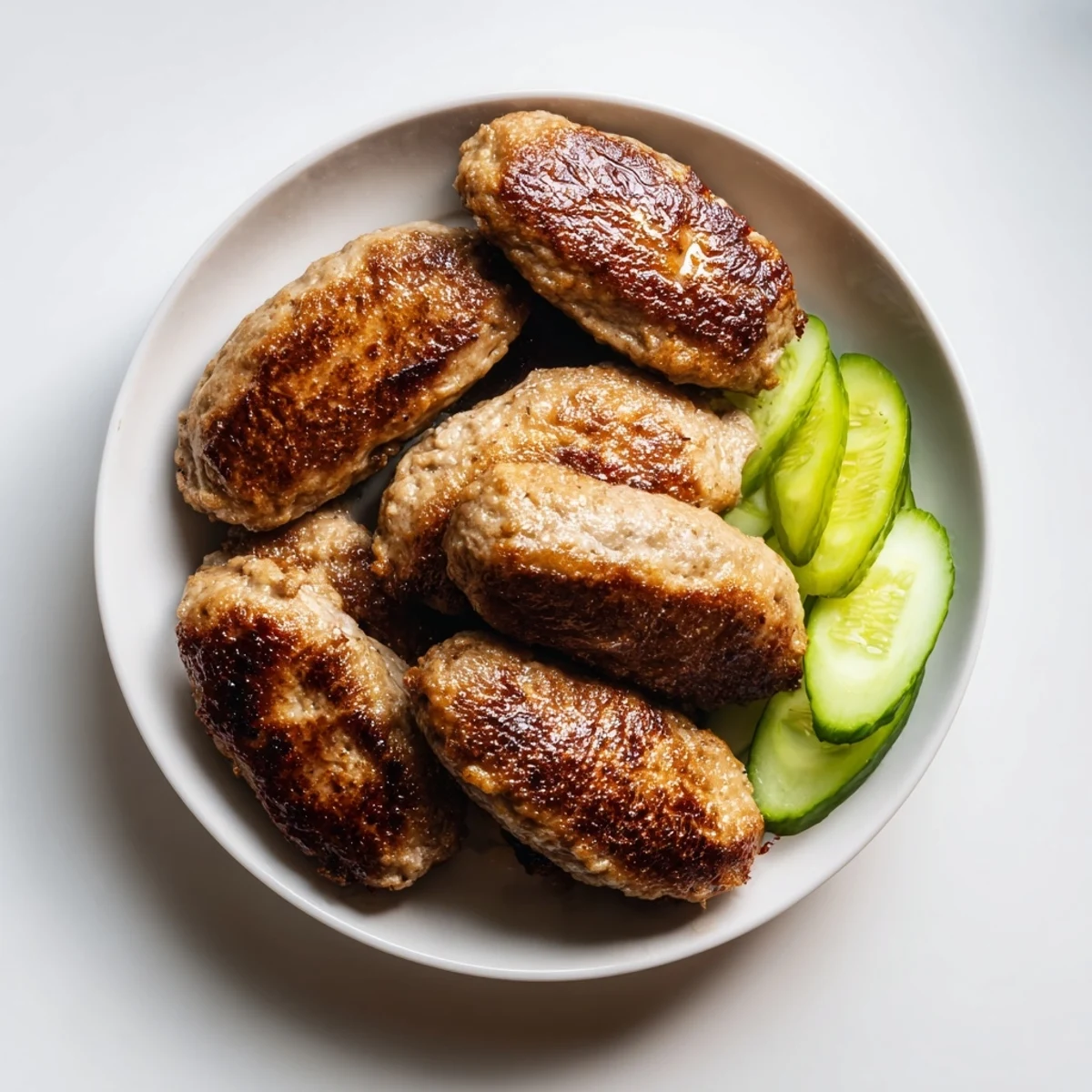 Golden-brown Danish frikadeller, perfectly pan-fried and ready to serve with tangy pickles alongside.