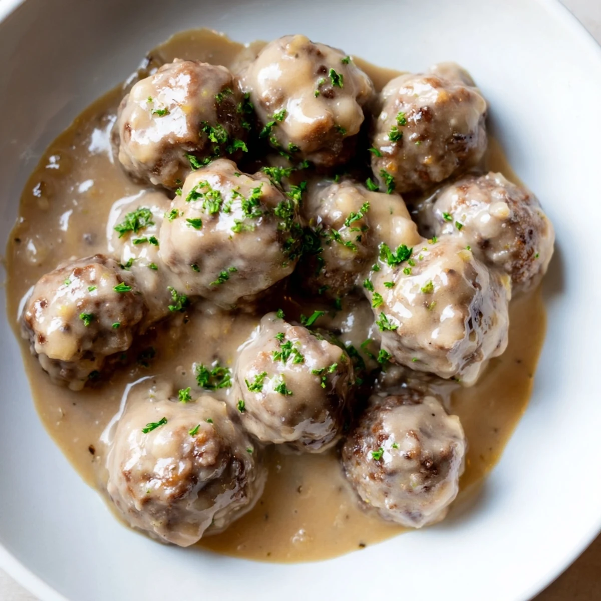 Golden-brown Swedish Meatballs simmering in a rich, creamy sauce, ready to be enjoyed with lingonberry jam.