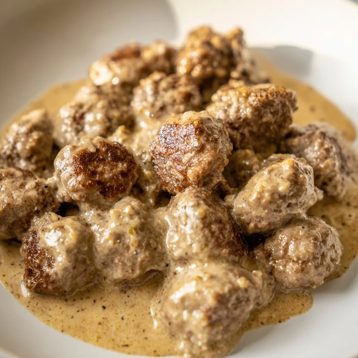 A plate of flavorful Swedish Meatballs, showcasing tender pork and beef in a classic, decadent brown gravy.