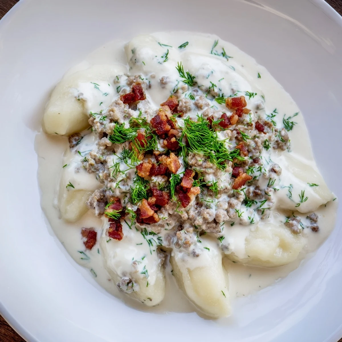 Steaming Lithuanian Cepelinai dumplings, filled with savory meat, are served with a creamy sauce.