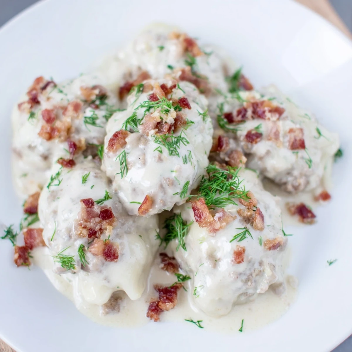 A close-up shows the hearty texture of fresh Cepelinai, topped with crispy bacon and sour cream.