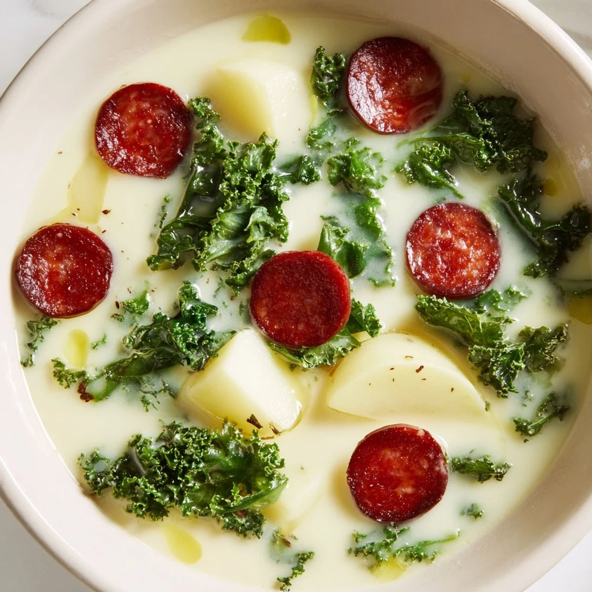 A close-up of a flavorful Portuguese Caldo Verde, showcasing the vibrant green kale and delicious spices.