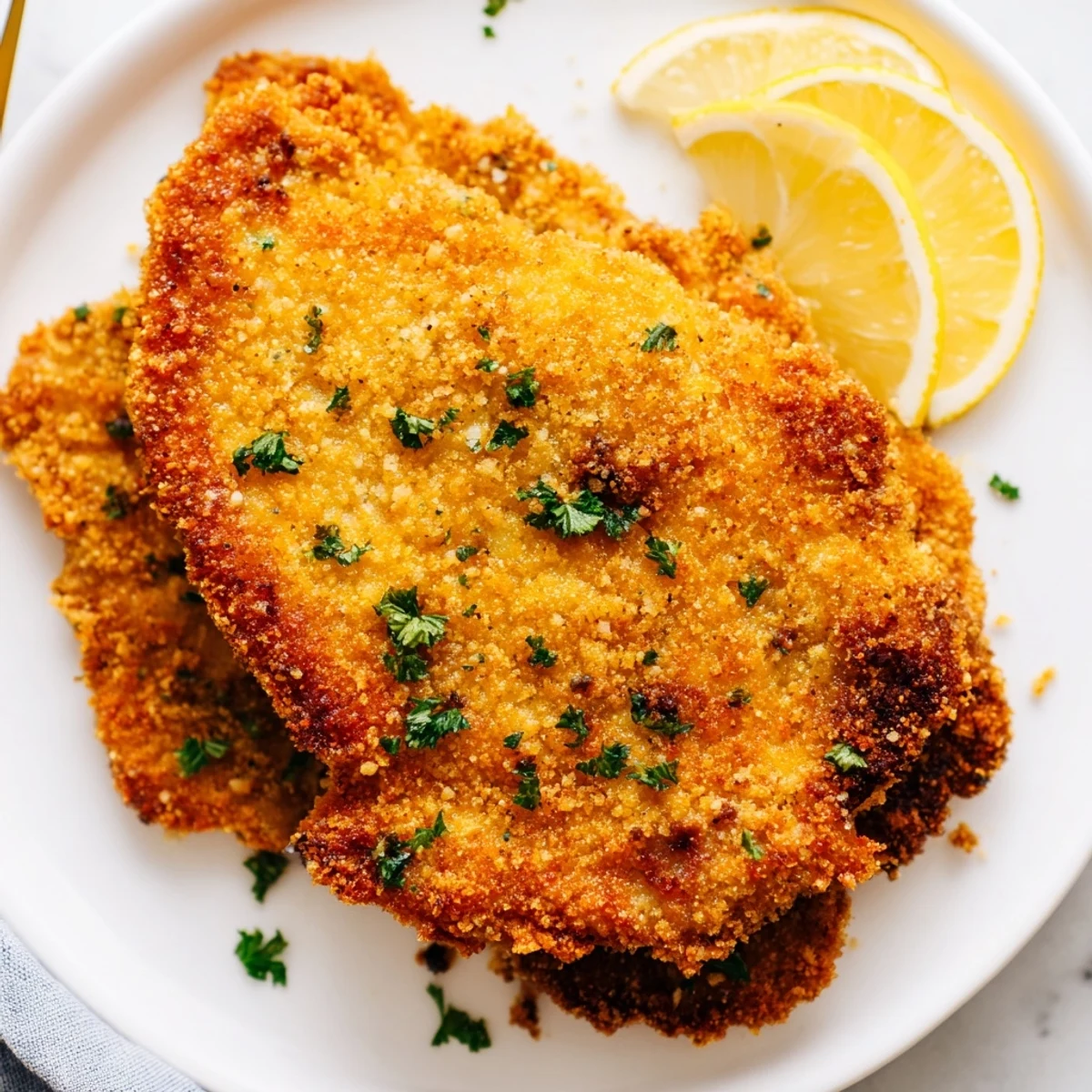 Golden, crispy German Schnitzel cutlet paired with fresh lemon wedges, ready to eat.