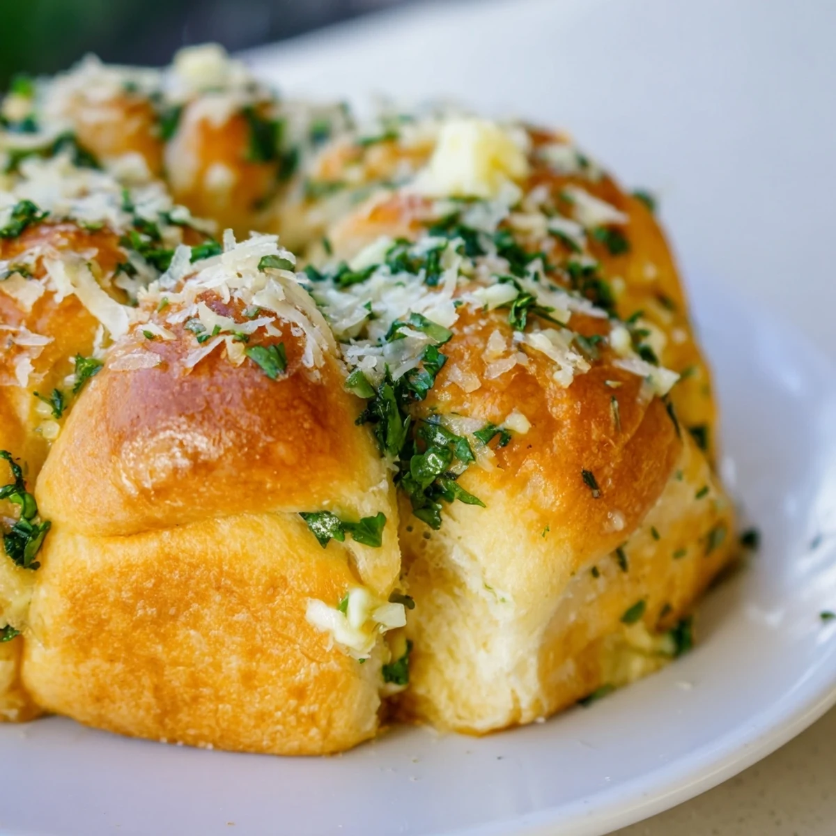 Warm, golden Garlic Butter Bread Pull-Apart with a flaky crust, ready to be shared and devoured.
