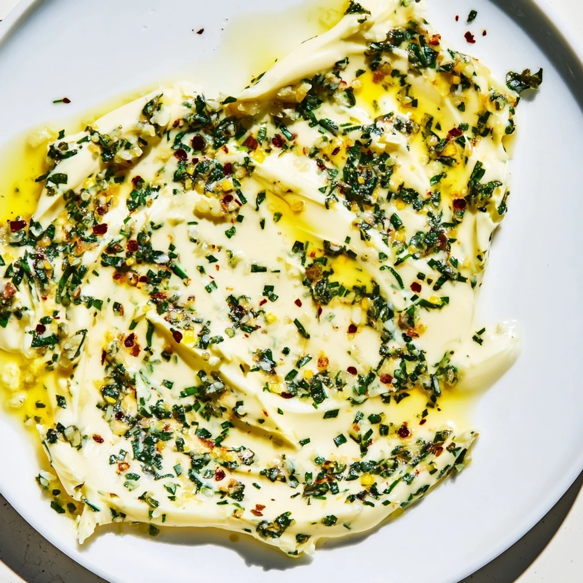 Creamy Cowboy Butter Sauce, speckled with fresh herbs, offering a tantalizing taste of garlic and lemon.