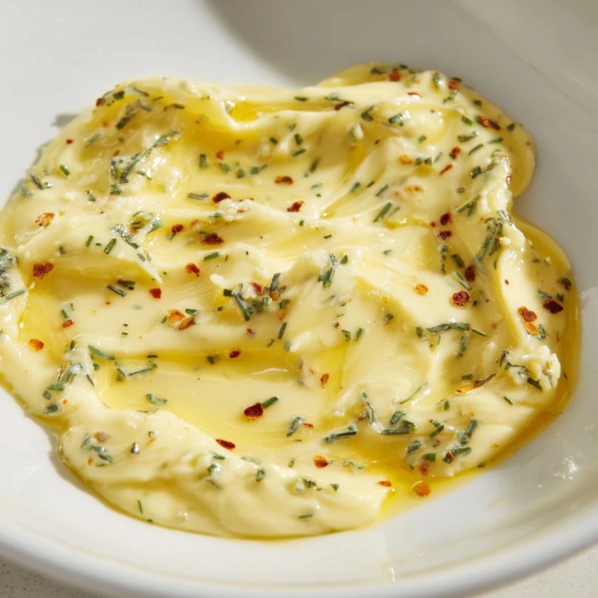 Vibrant Cowboy Butter Sauce, with flecks of herbs and spices, perfect for drizzling on grilled vegetables.