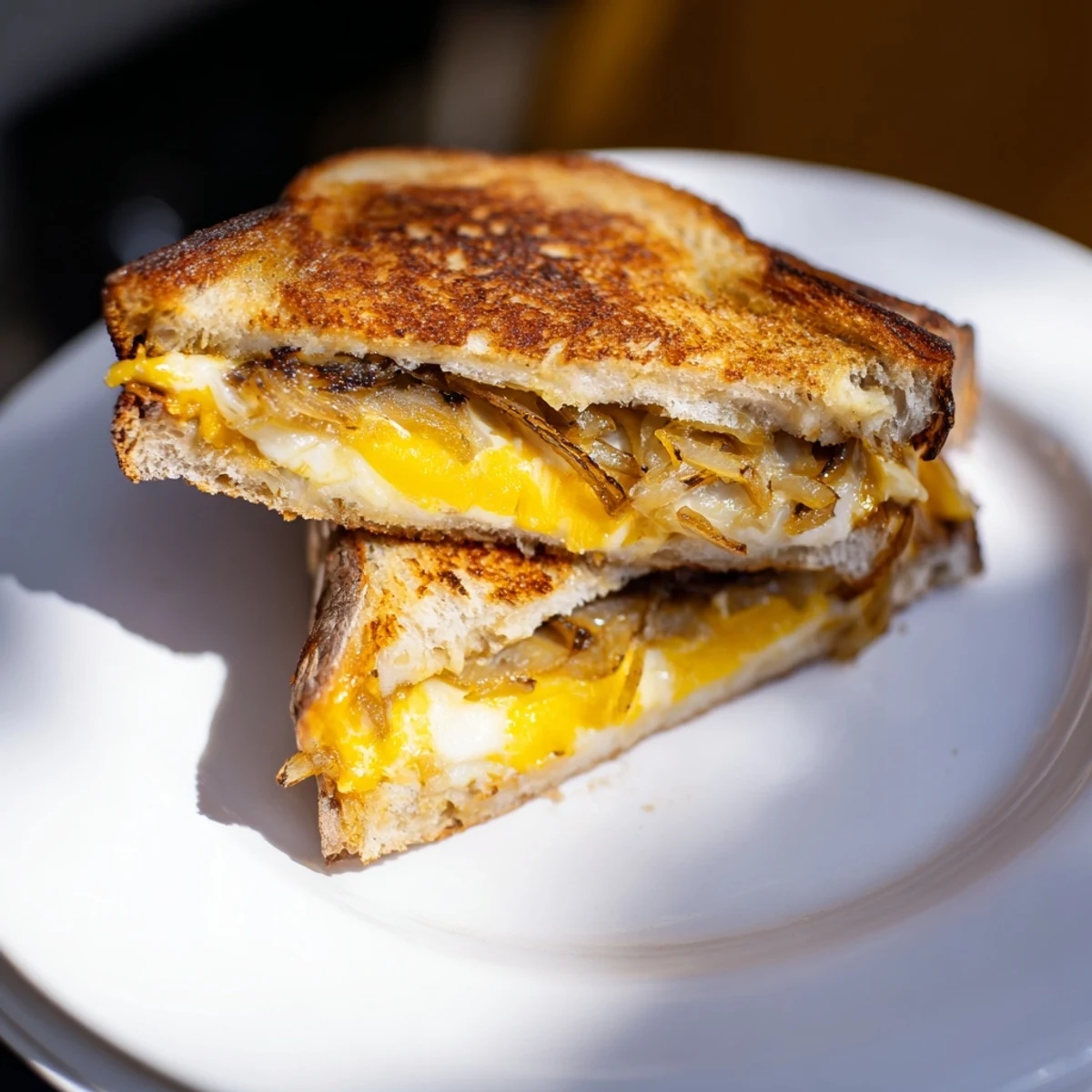 Golden, melty Crispy Onion Grilled Cheese oozing cheese, a crunchy delight served with a smile.