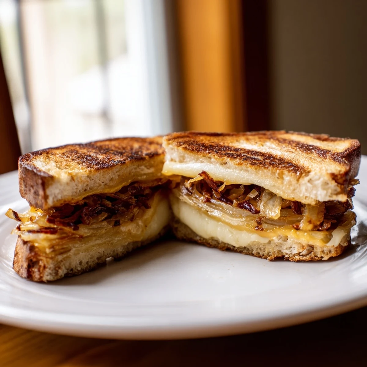 Toasted sourdough surrounds golden Crispy Onion Grilled Cheese, a savory sandwich with fried onion goodness inside.