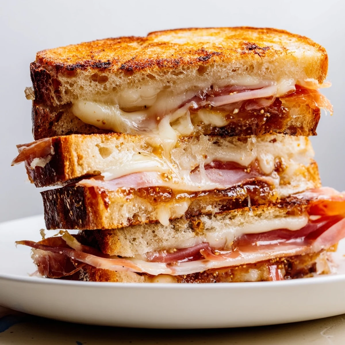 A warm, delicious image showing a stacked Crispy Prosciutto & Fig Panini, oozing melted cheese and fig jam.