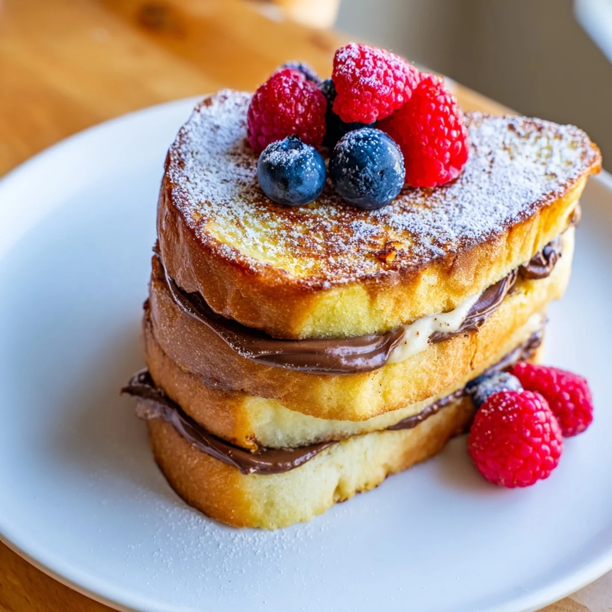 Golden Nutella Brioche French Toast drizzled with maple syrup; a sweet, perfect brunch recipe.