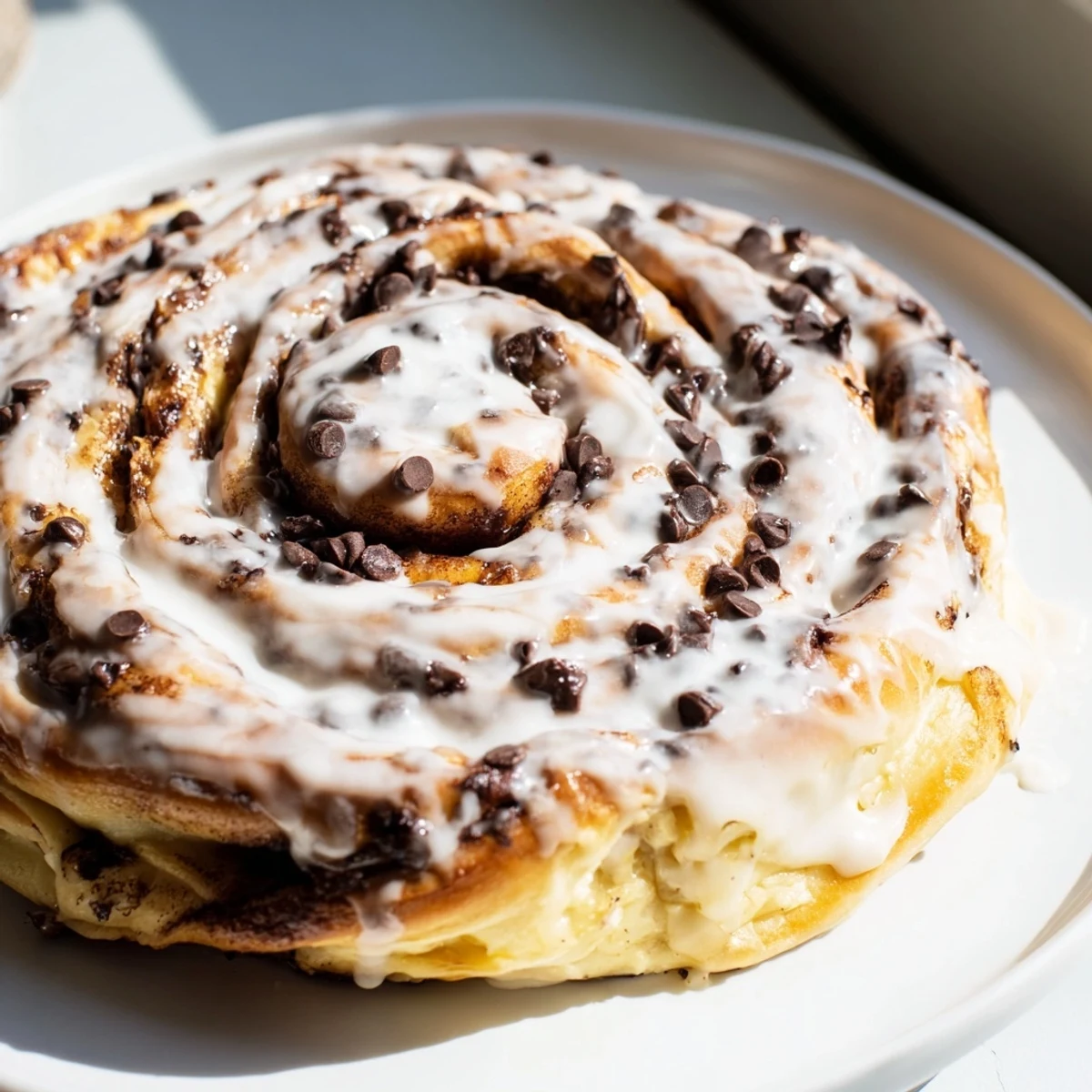 A close-up of golden brown Nutella Chocolate Chip Rolls, swirled generously with Nutella and dotted with chocolate chips.