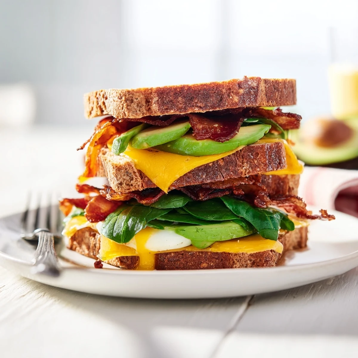 Loaded Breakfast Sandwich, a beautiful stack of bacon, egg, and cheese on toasted bread.