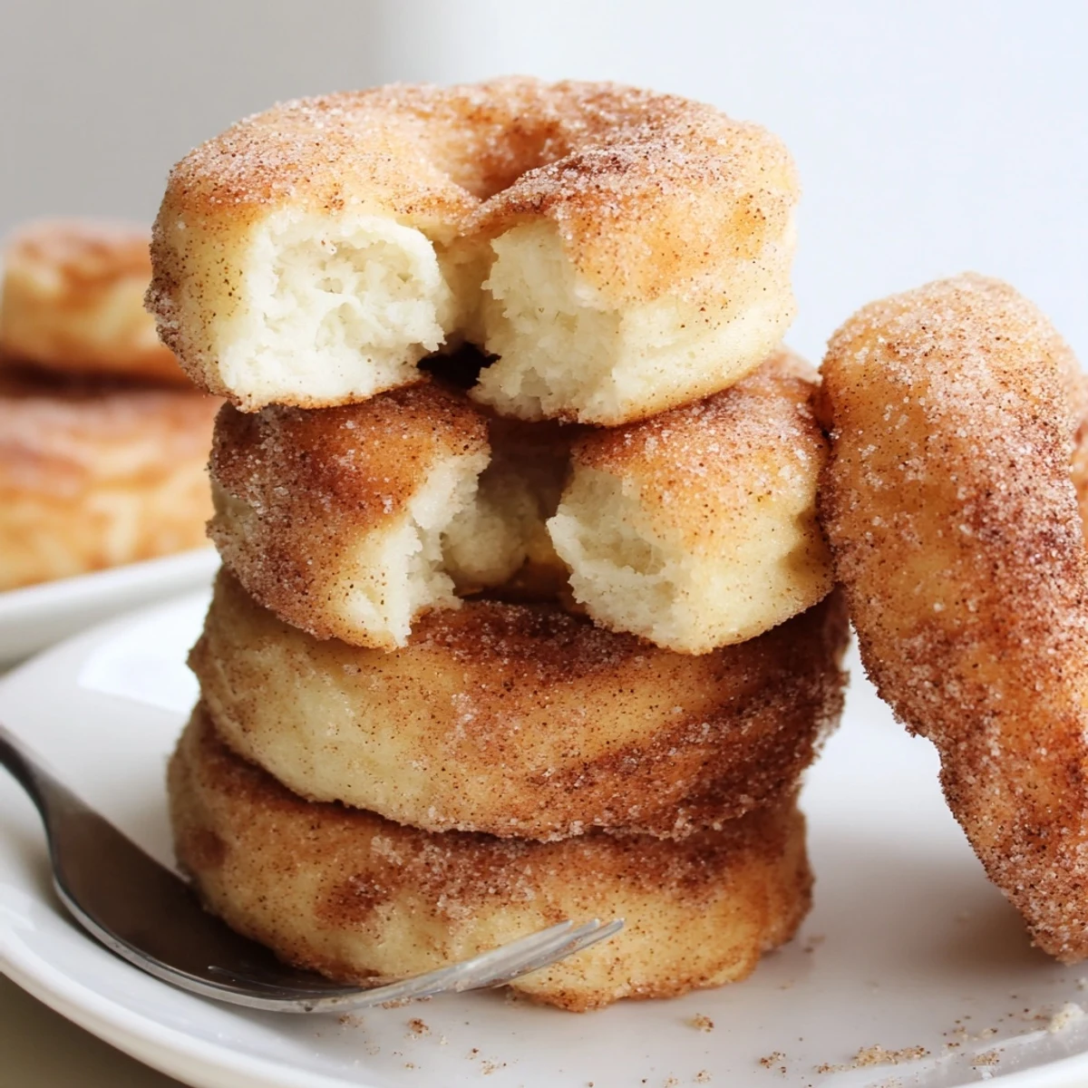Sweet and crispy air fryer cinnamon sugar donuts coated in a cinnamon sugar mixture after frying.