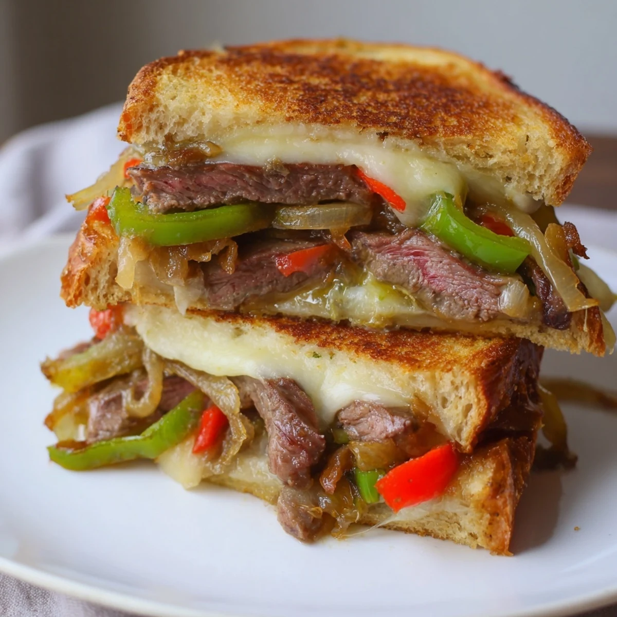 Golden, melted Philly Cheesesteak Grilled Cheese oozes provolone and juicy steak between toasted bread.