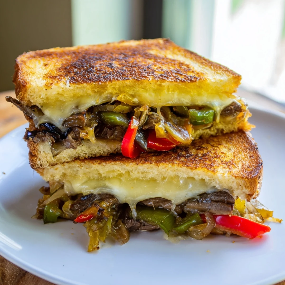 A close-up of a perfectly grilled Philly Cheesesteak Grilled Cheese sandwich, sliced in half, ready to enjoy.
