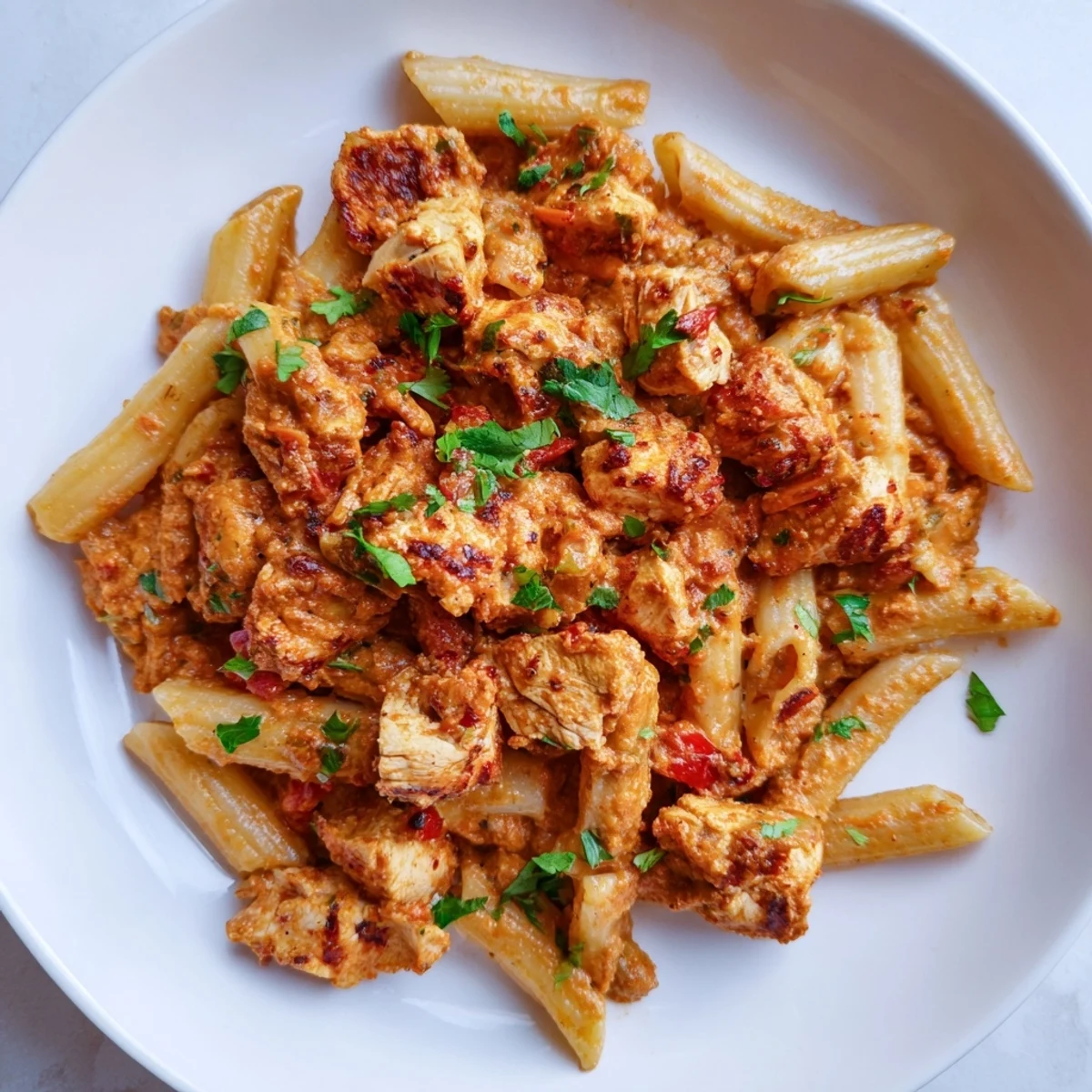 A close-up of Chicken Tikka Pasta, showing the rich, vibrant sauce and tender chicken pieces.