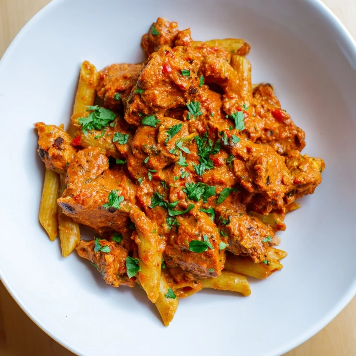 Enjoy a warm bowl of Chicken Tikka Pasta, with penne pasta coated in a spiced, tomato cream sauce.