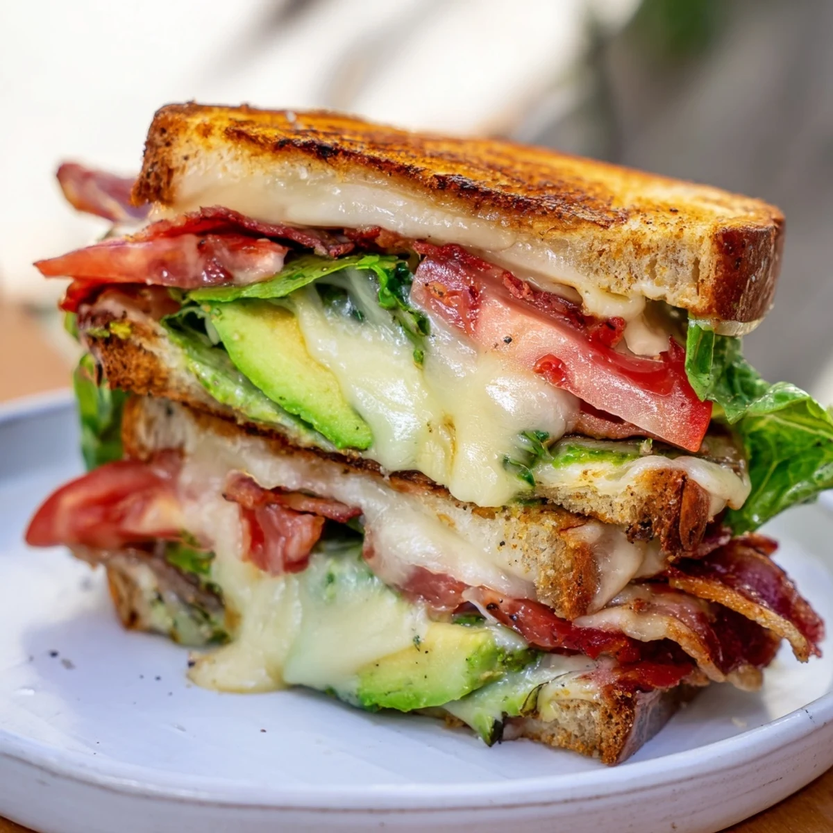 Golden avocado BLT grilled cheese, oozing cheese and perfectly crisp bacon, ready to enjoy.