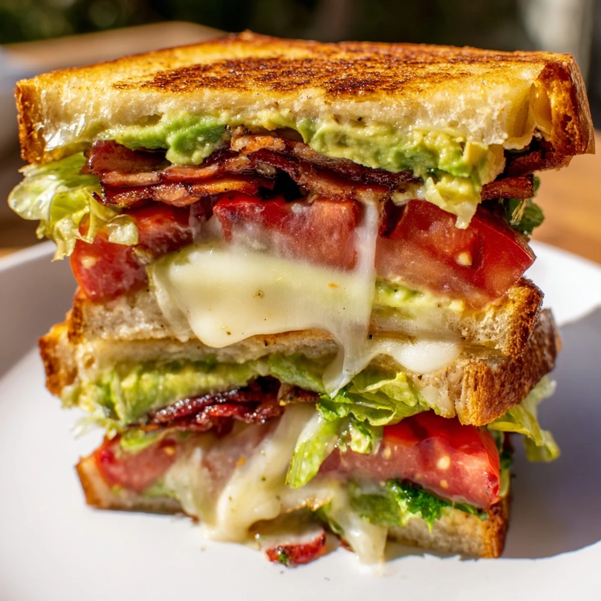 Melted cheese surrounds layers of bacon, avocado, and tomato in this easy avocado BLT grilled cheese sandwich.