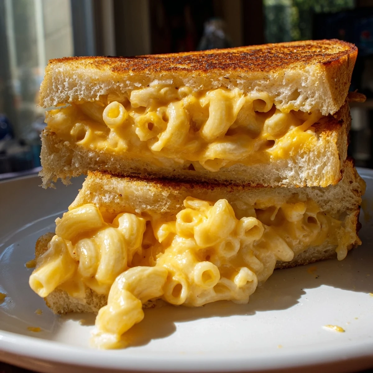 Mac & Cheese Grilled Cheese: A golden, crispy sandwich oozing with melted cheese and creamy mac and cheese filling.