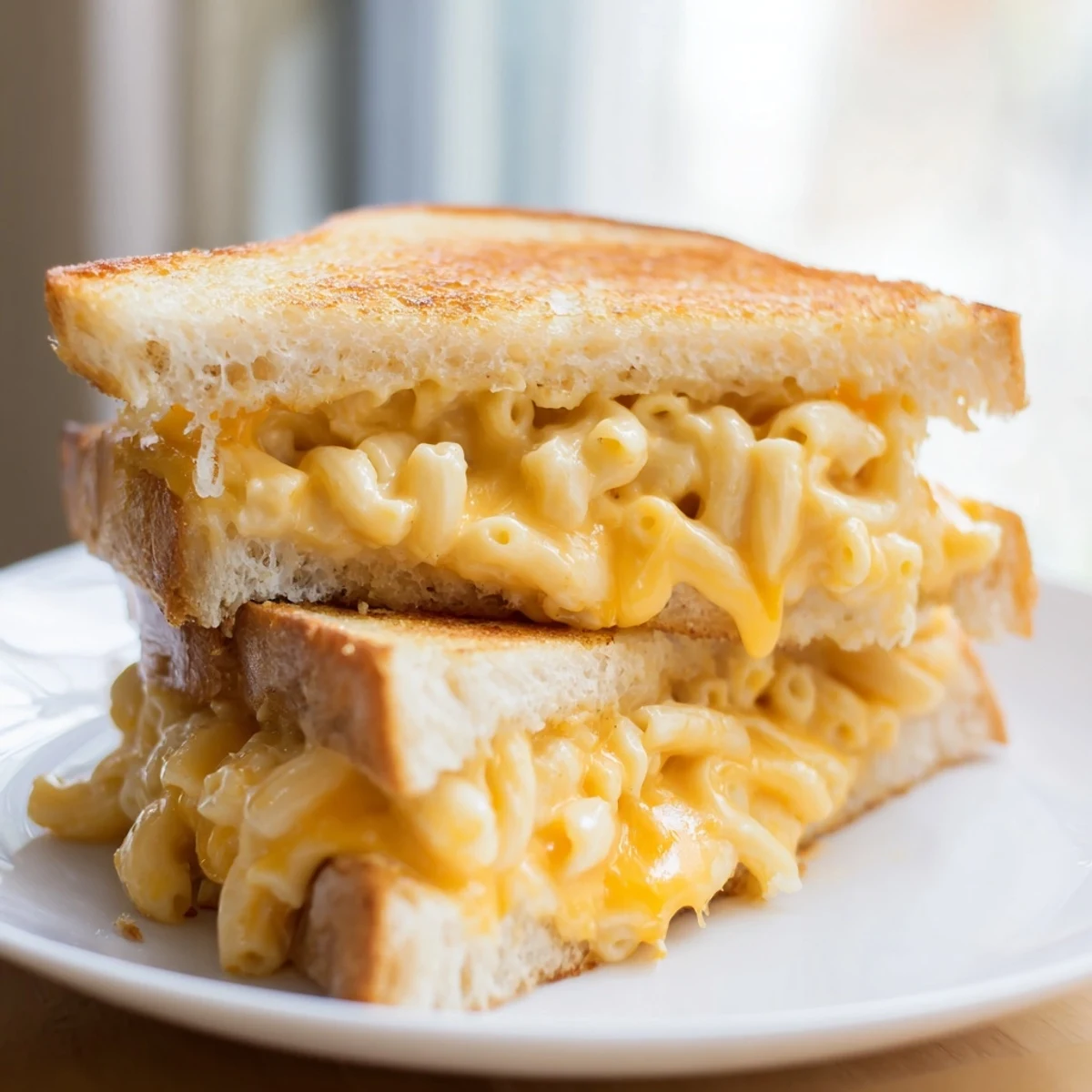 Imagine this: A close-up of a perfectly toasted Mac & Cheese Grilled Cheese sandwich, cheese pull included!