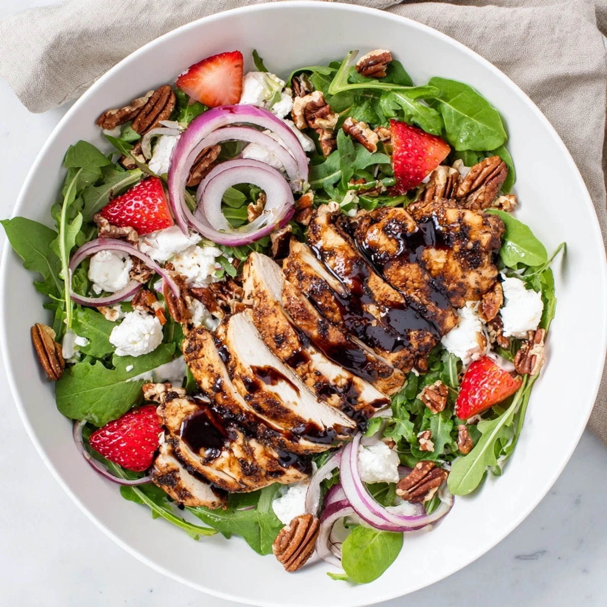 Juicy Honey Balsamic Chicken Salad with fresh strawberries and creamy goat cheese arranged artfully.