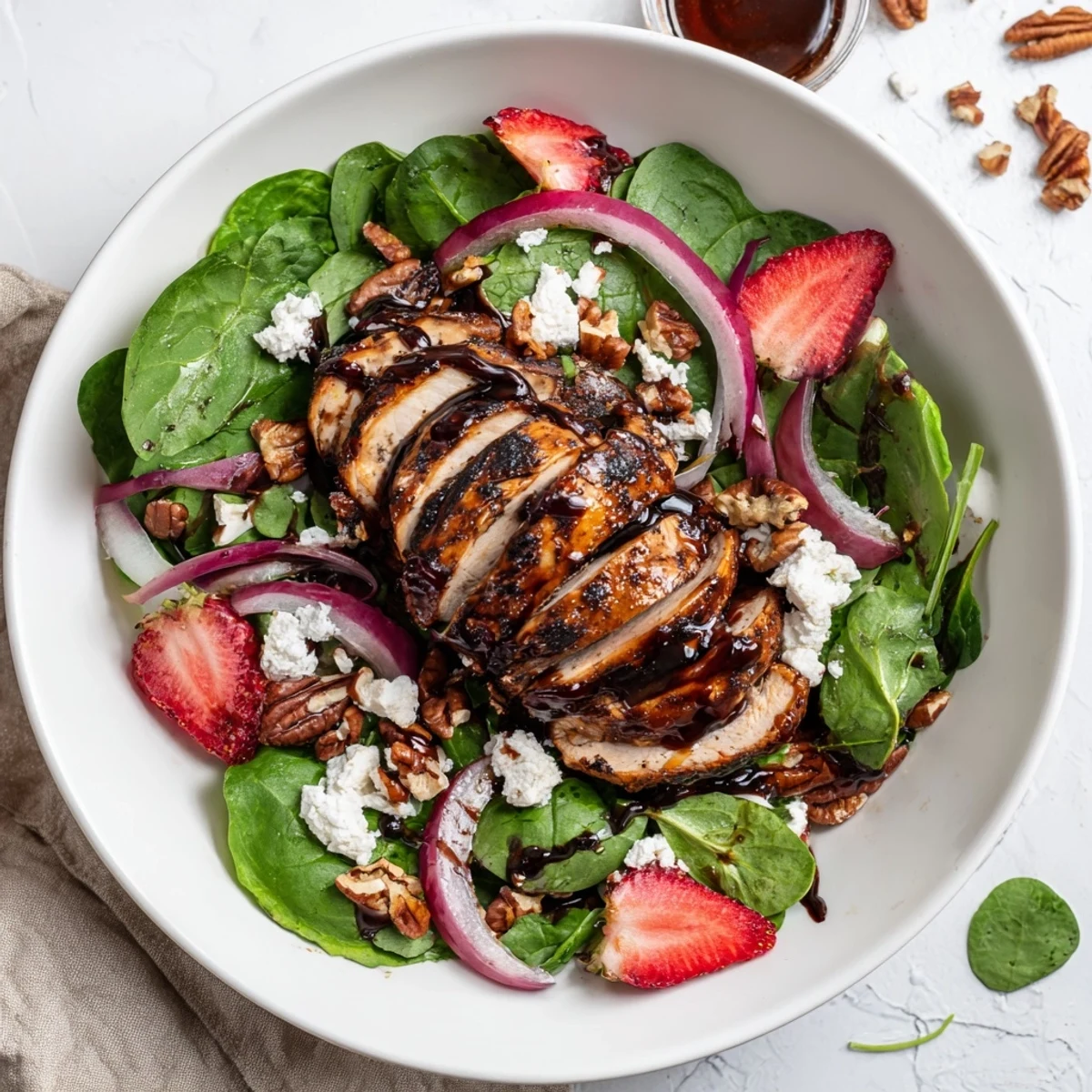 Tender grilled chicken slices atop a colorful Honey Balsamic Chicken Salad, drizzled with glaze.