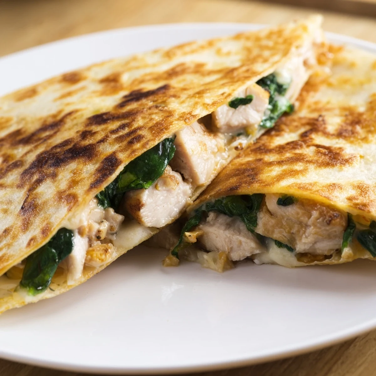Golden, crispy Chicken and Spinach Quesadilla with melted cheese and fresh spinach, ready to eat.