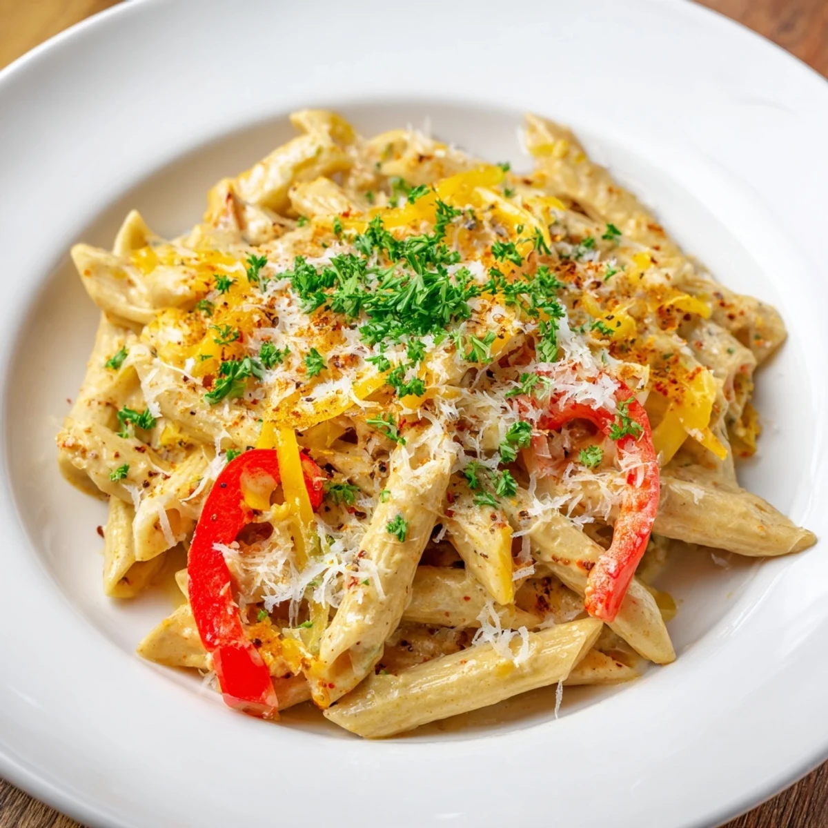 Delicious Creamy Cajun Pasta glistening, ready to serve with fresh parsley and Parmesan.