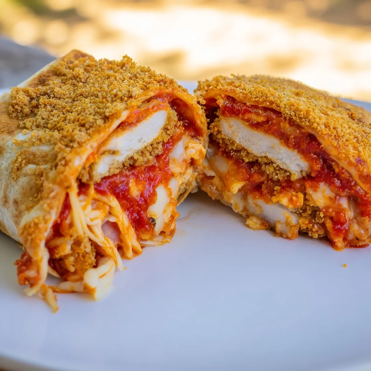 Crispy Chicken Parm Wrap: a close-up shows golden-fried chicken nestled in a warm tortilla, ready to eat.